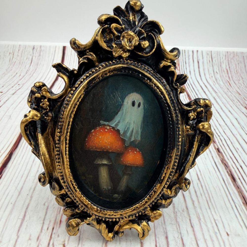 Ghost on Mushroom Ornate Gold Frame Decoupage Art Dark Cottagecore Decor